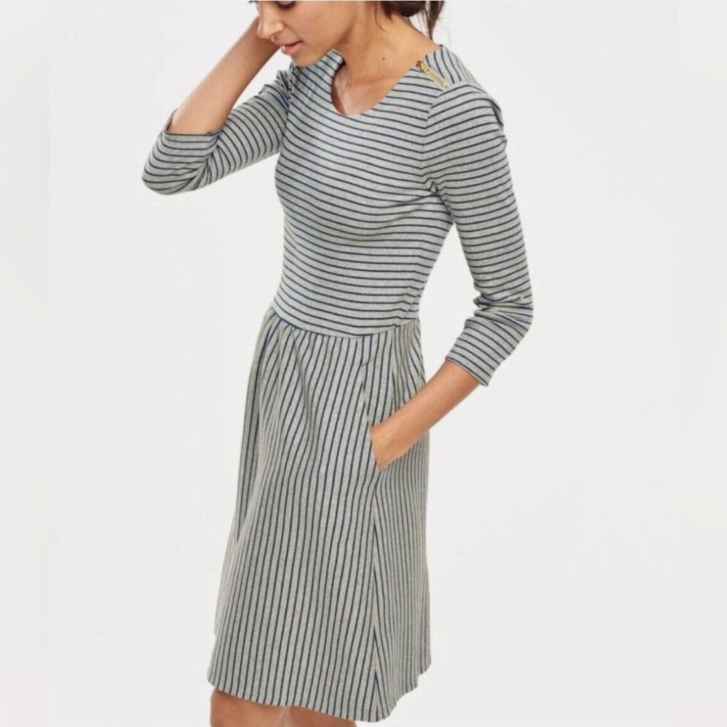 Boden Janie Cotton Jersey Day Dress In Gray With Navy Stripes Stretchy 8 L